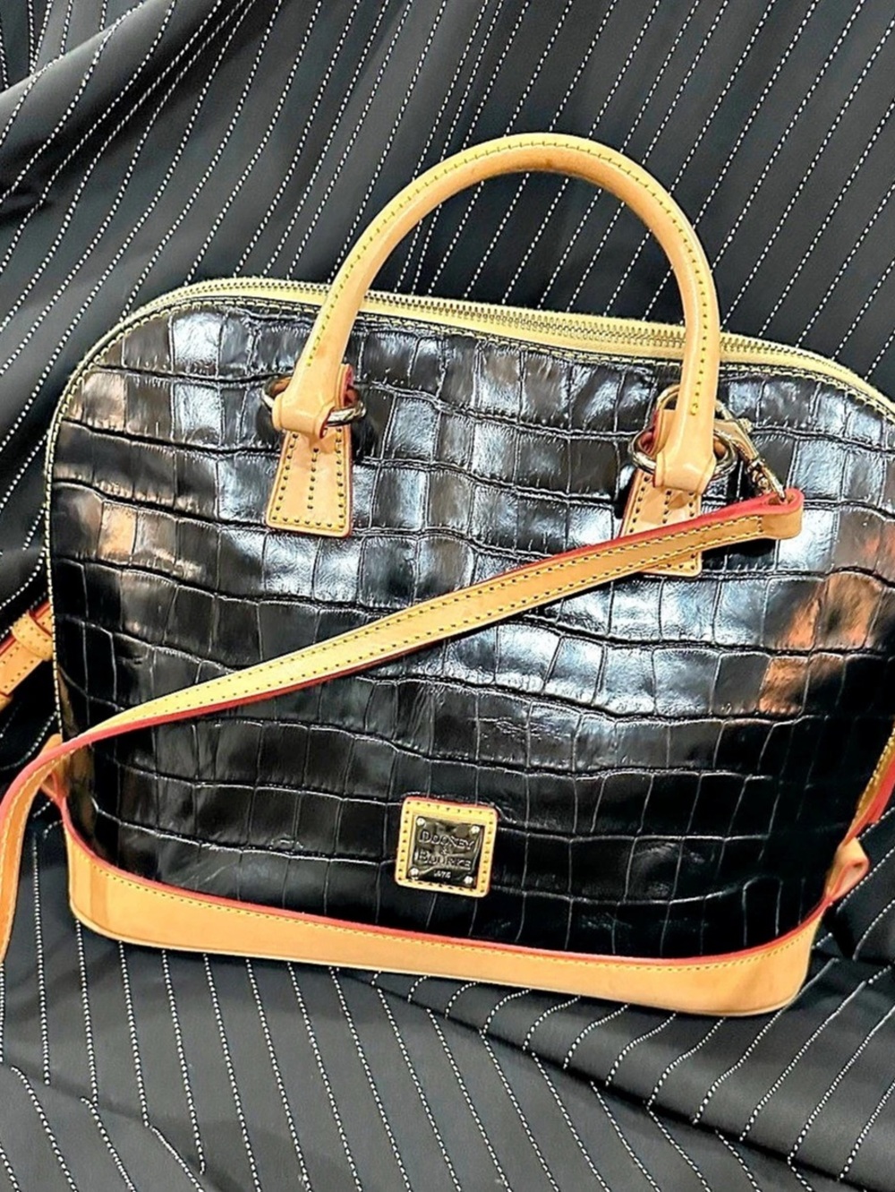Dooney & Bourke Crocodile Embossed Leather Domed Satchel Black & Brown
